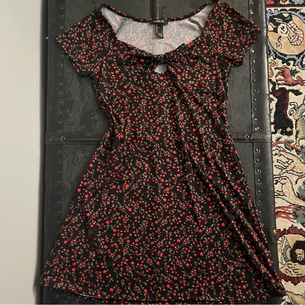 Black and red floral mini skater dress with a cut-out neckline tie-front detail